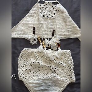 Crochet Halter Top Bikini with Beaded Tassels